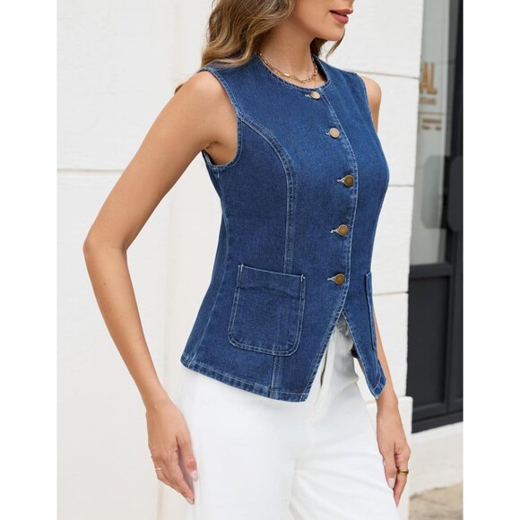 Women’s Sleeveless Denim Vest Crop Top Casual Western Button Down - Picture 3 of 5